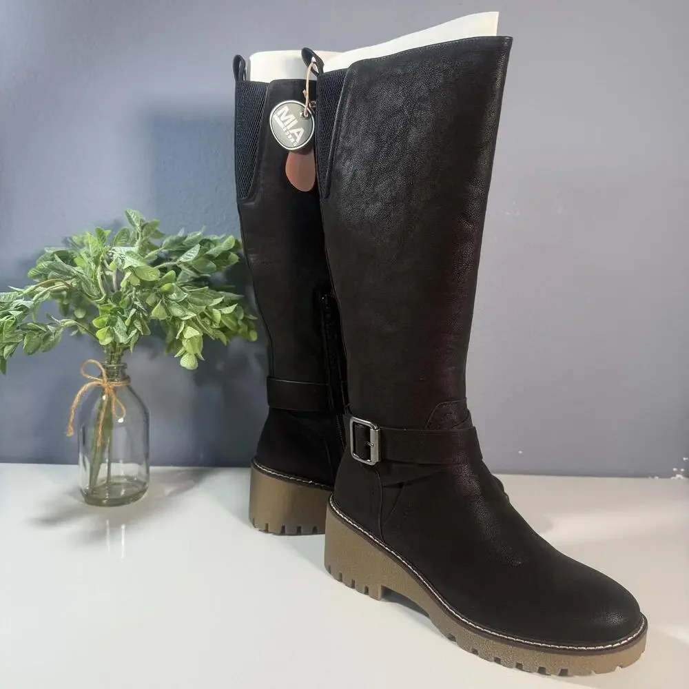 MIA Women's‎ Black Knee-High Buckle Boots with Lug Sole Size 6